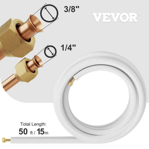 Fifty Foot Copper Line Set For Mini Split Air Conditioner And Heat Pump, Includes Three Eighths Inch And One Quarter Inch OD Copper Pipes