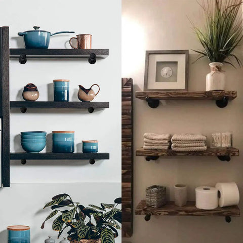 Industrial Iron Pipe Shelf Brackets 8 Inch Floating Shelves holding kitchenware and decor, shown in living room and kitchen settings.