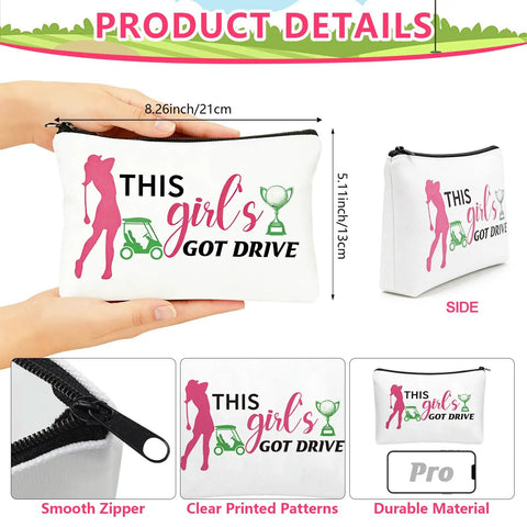 30 Pack Golf Gift Bags And Cosmetic Pouches For Women, zipper pouch with 'This girl's got drive' text, pink golfer design