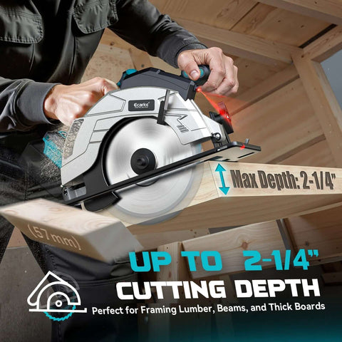 Side view of Ecarke cordless circular saw with laser guide, 7-1/4 inch blade, teal accents, 2 blades, max 2-1/4 inch depth