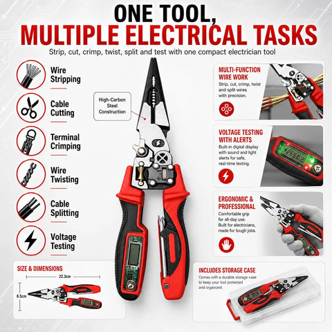 4-in-1 Wire Stripping and Testing Pliers Electrician’s Multitool With Stripping Cutting Crimping and Voltage Testing compact ergonomic design.