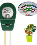 All In One Soil Tester For pH, Moisture, And Fertility With Fast Accurate Readings For Indoor Outdoor Gardens Battery Free Plant Health Meter displaying readings with close-up details and usage in a planter