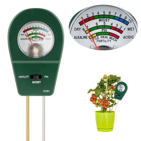 All In One Soil Tester For pH, Moisture, And Fertility With Fast Accurate Readings For Indoor Outdoor Gardens Battery Free Plant Health Meter displaying readings with close-up details and usage in a planter