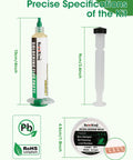 Pro Grade No Clean Rosin Flux Paste And Desoldering Wick Kit For Electronics Repair includes flux paste, wick, and dimensions