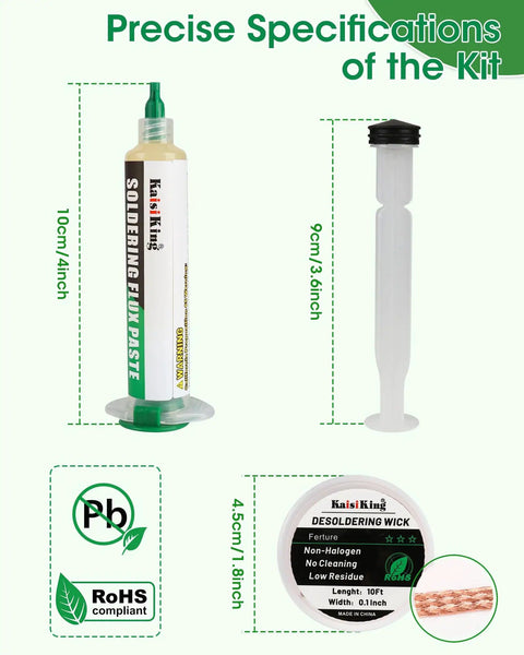Pro Grade No Clean Rosin Flux Paste And Desoldering Wick Kit For Electronics Repair includes flux paste, wick, and dimensions