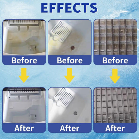Ice Machine Cleaner And Descaler Tablets For All Major Brands Nickel Safe Descaler For Countertop Portable And Commercial Icemakers 24 Pack Food Grade Citric Acid Based Cleaning Solution showing before and after effects on ice maker components.
