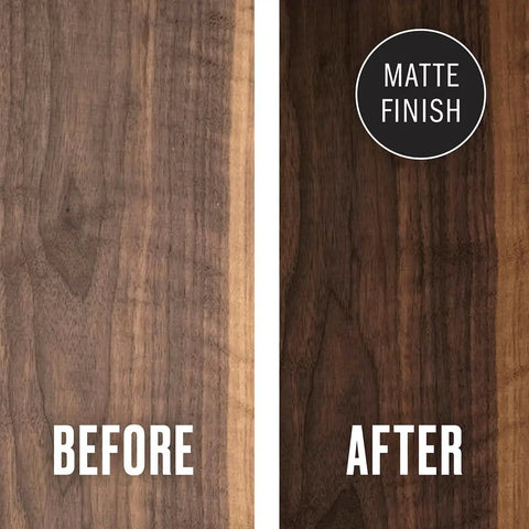 Before and after comparison of wood finish using 100 Percent Pure Tung Oil Wood Finish Black Straight Up Durable 128 Oz 1 Gallon Jug.