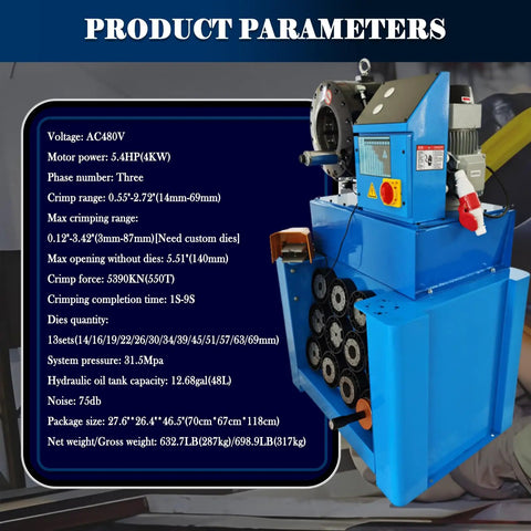 Pro Grade Electric Hydraulic Hose Crimping Machine With 13 Piece Die Set For 0.55 To 2.72 Inch Tubing Includes Foot Switch And 480 Volt 3 Phase Motor side view with technical specifications.