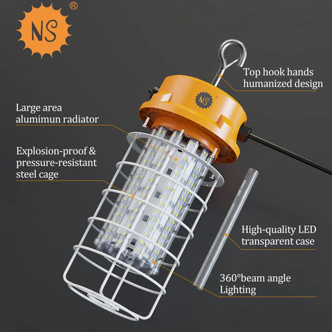Beefed Up 100W LED Work Light With 15,000 Lumens, Replaces 400W HID HPS, 14.76 Ft Power Cord With US Plug, 5000K Cool White, Linkable Hanging Lights With Outlet And Hook For Indoor And Outdoor Use