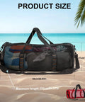 Large Capacity Mesh Gear Duffel Bag For Diving And Snorkeling Equipment on beach showing dimensions and contents.