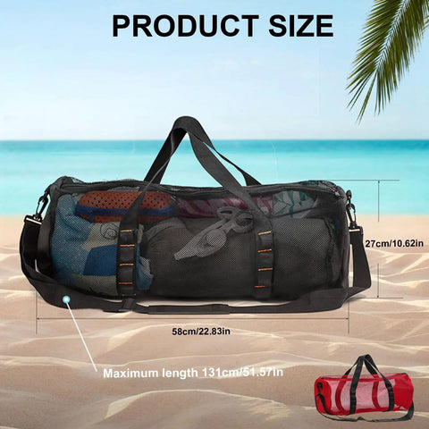 Large Capacity Mesh Gear Duffel Bag For Diving And Snorkeling Equipment on beach showing dimensions and contents.