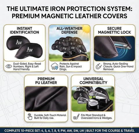 Diagram showcasing Premium Magnetic Leather Golf Club Head Covers for Irons and Wedges, Set of 10, fits most clubs, unique features