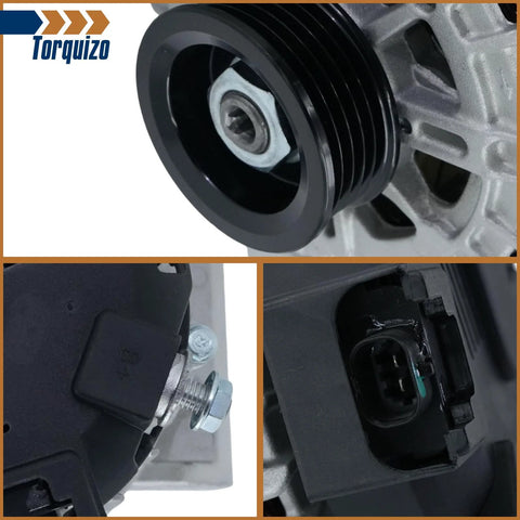 Plug And Play 12V 120A Alternator Fits Chevrolet Equinox 2010 2017 GMC Terrain 2010 2020 Buick Regal 2012 2015 2017 L4 CW With 5 Groove Pulley Replaces OE 13500315 13588328 TG12C067 11459N 11459 with focus on pulley and connection points.