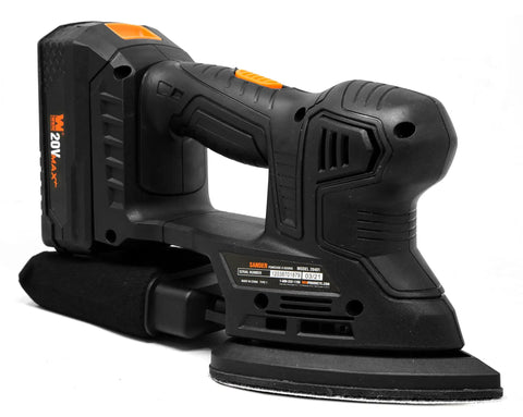 Cordless Palm Sander With 20V Max 2.0Ah Battery And Charger, Angled Nose For Tight Corners, 5 By 3.75 Inch Pad, Model 20401, Black