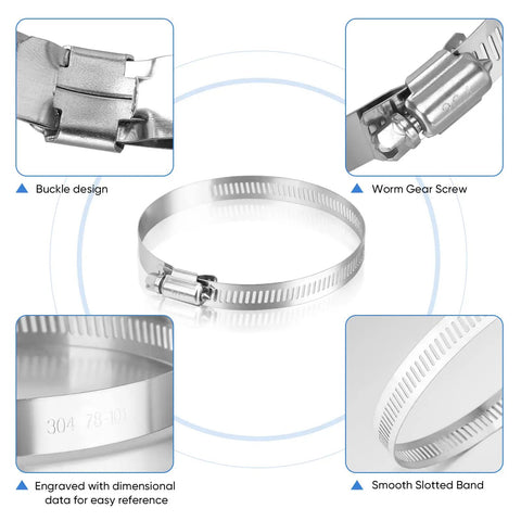 Heavy Duty 12 Piece Hose Clamp Set For 2 To 3 Inch Pipes, 304 stainless steel with worm gear, buckle design, smooth band