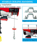 Front view of 1760 lb electric hoist with remote control; red steel housing, wire rope and hook, yellow pendant