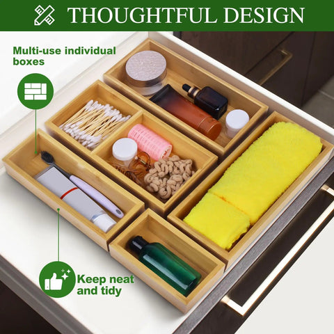 Game Changing Bamboo Drawer Organizer Set Featuring Adjustable Dividers To Keep Vanity Makeup Kitchen Cutlery Office Essentials And Crafting Gear Neatly Sorted in drawer.