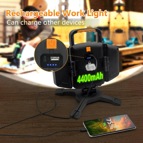Rear view of 30W Rechargeable LED Work Light With 3000 Lumens, Magnetic And Waterproof Cordless Job Site Lighting showing charging ports.