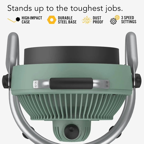 Close-up of Beast 16 Inch Shop Fan with 3 Speeds, High Impact Casing, IP54 Motor, Pivoting Head, and Carry Handle.
