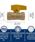 Brass gas ball valve with yellow lever handle, 1/2 in IPS, front view