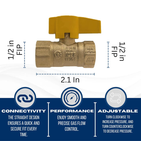 Brass gas ball valve with yellow lever handle, 1/2 in IPS, front view