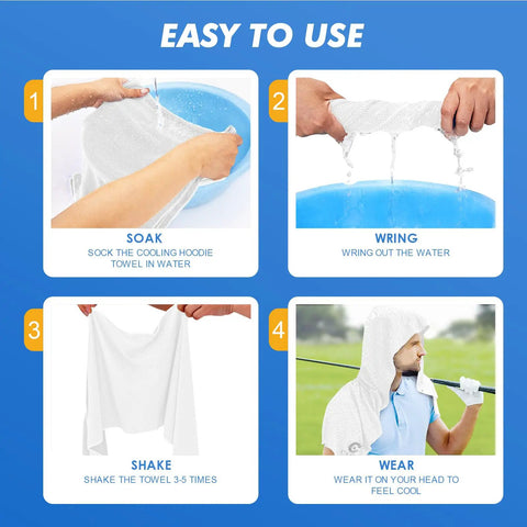 Steps to use 3 Pack Cooling Hoodie Towels For Neck And Face With UPF 50 Sun Protection shown in four images with demonstration.