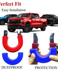Red Front Tow Hook Covers For Silverado 1500 2007 To 2026 And GMC Sierra 1500 2007 To 2019 shown on trucks
