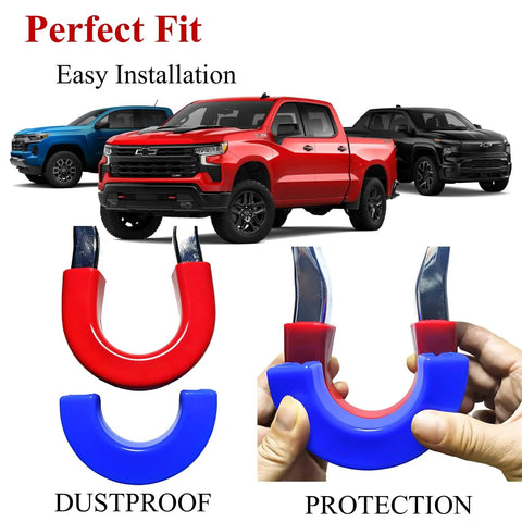 Red Front Tow Hook Covers For Silverado 1500 2007 To 2026 And GMC Sierra 1500 2007 To 2019 shown on trucks