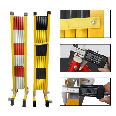 Heavy Duty Expandable Traffic Barricade Gate With Snappy Pull Handles And Neon Reflective Tabs For Roadwork Garages And Driveways Locks Down Securely With Zero Fussing Required, shown in folded detail.