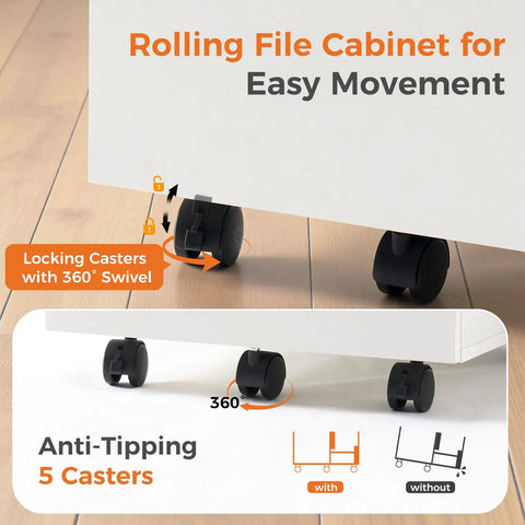 Two Drawer Filing Cabinet In White With Rolling Wood Design showing lockable wheels and anti-tipping features