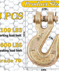 4 Pack 1/4 Inch Grade 70 Forged Steel Clevis Chain Grab Hooks Heavy Duty Towing Hauling Safety Hooks dimensions and load limits.