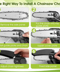 Super Sharp 6 Inch Mini Chainsaw Chain 5 Pack Compatible With Ryobi 18V Pruning Saw installation steps on guide plate and chain adjustment.