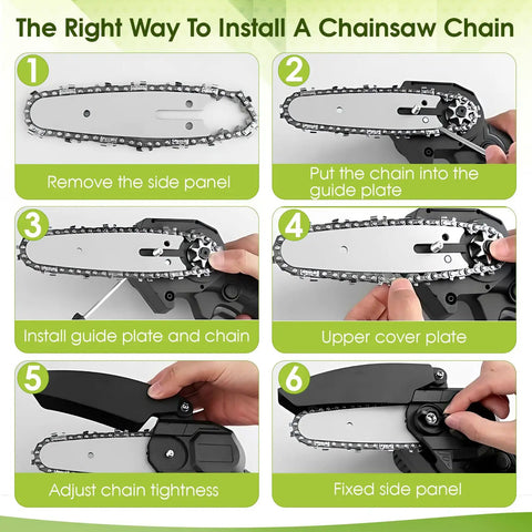 Super Sharp 6 Inch Mini Chainsaw Chain 5 Pack Compatible With Ryobi 18V Pruning Saw installation steps on guide plate and chain adjustment.