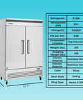Hella Roomy Real Deal Commercial Kitchen Workhorse 49 Cubic Feet Solid Door Reach In Freezer with stainless steel finish and swing doors.