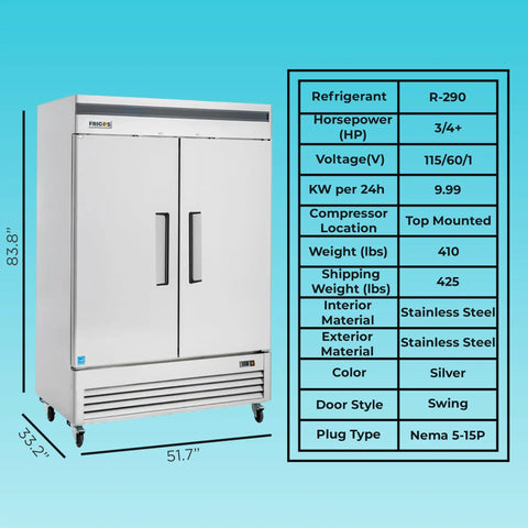 Hella Roomy Real Deal Commercial Kitchen Workhorse 49 Cubic Feet Solid Door Reach In Freezer with stainless steel finish and swing doors.