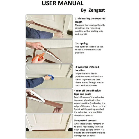 Installation guide for Door Bottom Seal Strip For Glass Doors And Shower Enclosures, showing steps of measuring, cutting, and applying.