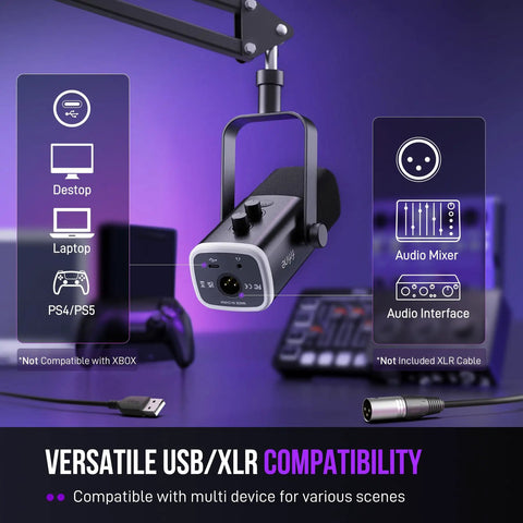 Dynamic USB and XLR Gaming Microphone for Streaming and Podcasting with Boom Arm, Mute Button, Headphone Jack, AM8T compatibility