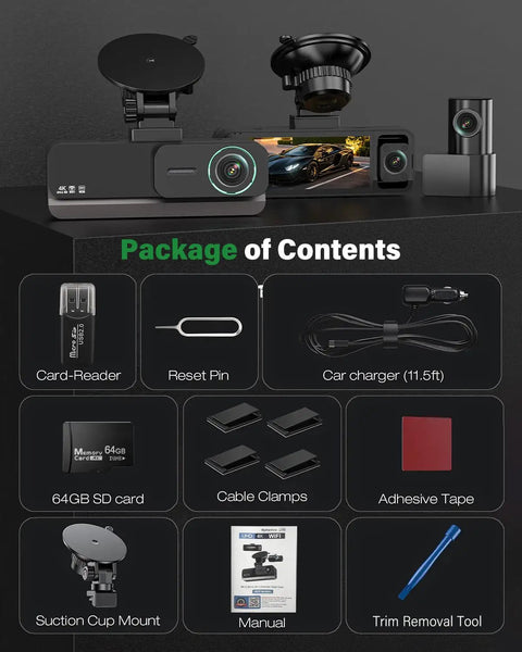 Crystal Clear 4K Front Cabin Rear Dash Cam With 5.8 GHz WiFi 6 IR Night Vision, 64GB Card, 24 Hour Parking, G Sensor package contents