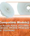 Starter Recoil Pulley for Poulan Pro Chainsaw P3314 P3818AV PP3816 Replacement 530071966 with compatibility chart in background