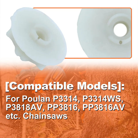 Starter Recoil Pulley for Poulan Pro Chainsaw P3314 P3818AV PP3816 Replacement 530071966 with compatibility chart in background