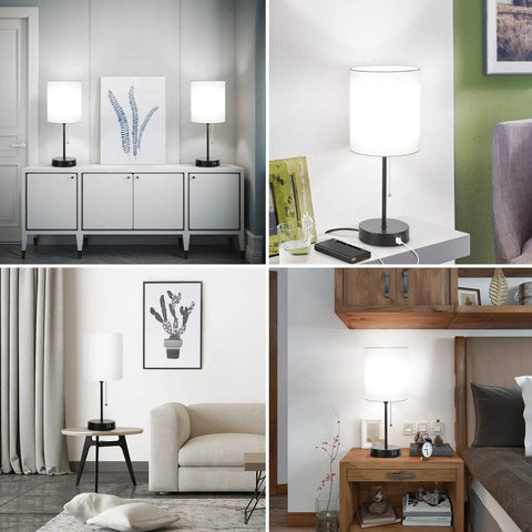 Two Pack Table Lamps With USB Ports And AC Outlet in living room and bedroom settings, white fabric shade, minimalist design