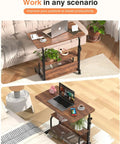 Portable Rolling Desk On Wheels With Adjustable Height, 32 Inch Computer Desk With Three Layer Storage Shelves, Rustic Home Office Table For Small Spaces, Dope Gaming And Study Setup with laptop on top and storage underneath, shown in a living room setting.