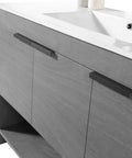 Slick 48 Inch Bathroom Vanity With Built In Sink And Modern Silhouettes Featuring Buttery Smooth Soft Close Doors Spacious Storage Drawers And A Rock Hard Finish Designed For Tiny Baths Requiring Full Assembly showing grey cabinet with sink and soft close doors.