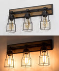 Two Light Farmhouse Vanity Light With Vintage Black Metal Cage And Rustic Wood Finish, E26 Base, Perfect For Bathroom