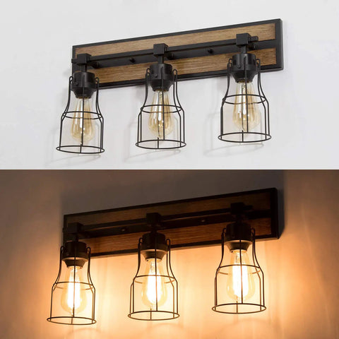 Two Light Farmhouse Vanity Light With Vintage Black Metal Cage And Rustic Wood Finish, E26 Base, Perfect For Bathroom