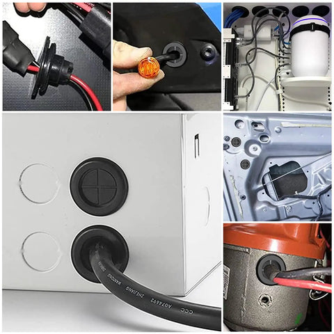 Collage showing Ultimate 85 Piece Rubber Grommet Kit with five sizes for cable protection in various applications including cars, PC builds, and more.