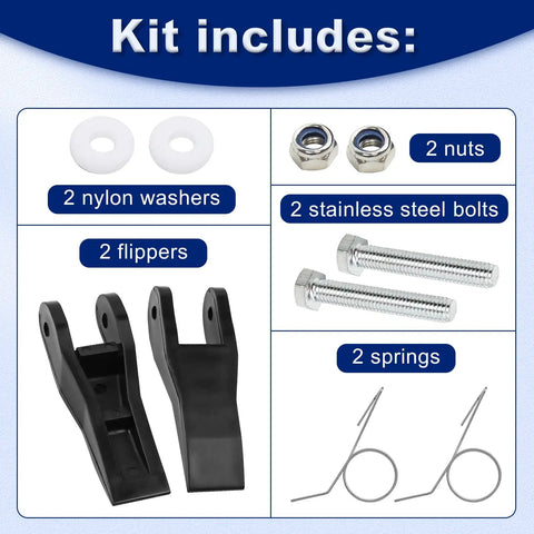 29-1 Extension Ladder Lock Flipper Kit parts with flippers, nuts, bolts, washers, and springs displayed on a table.
