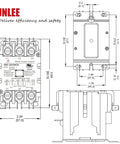 Technical diagram of 3 Pole 40 Amp 120V Contactor For HVAC Systems, showing dimensions and UL certification, HVAC Workhorse.
