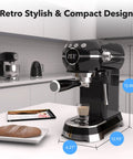 Compact Espresso Machine With 20 Bar Pressure And Built In Milk Frother, Features A Smart Digital Panel With Dead Simple One Touch Controls, Fast Heat Up Home Coffee Maker. Retro stylish design, countertop view, dimensions included.