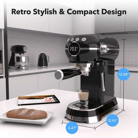 Compact Espresso Machine With 20 Bar Pressure And Built In Milk Frother, Features A Smart Digital Panel With Dead Simple One Touch Controls, Fast Heat Up Home Coffee Maker. Retro stylish design, countertop view, dimensions included.